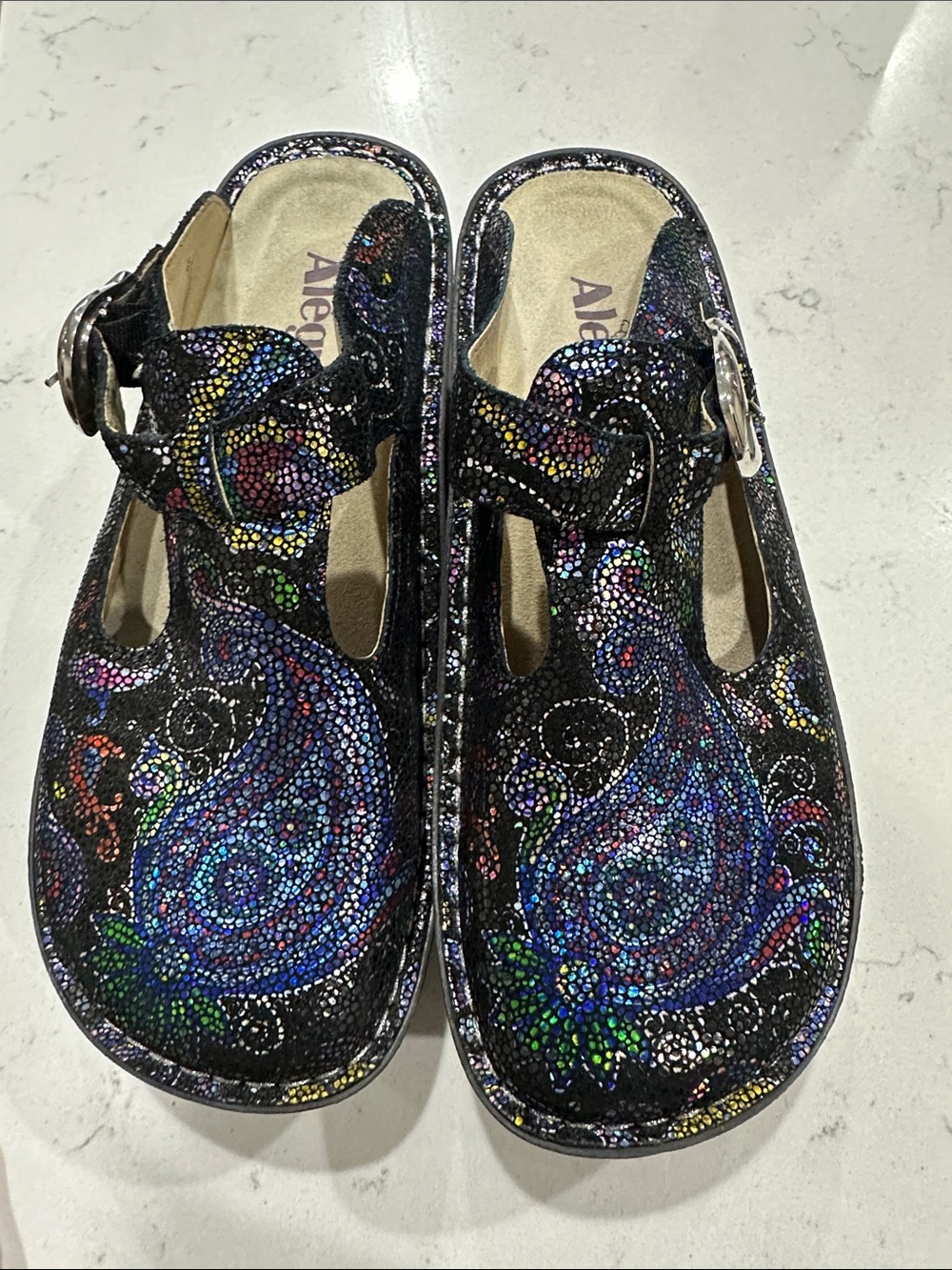 Alegria Black Multicolor Paisley Buckle Clogs